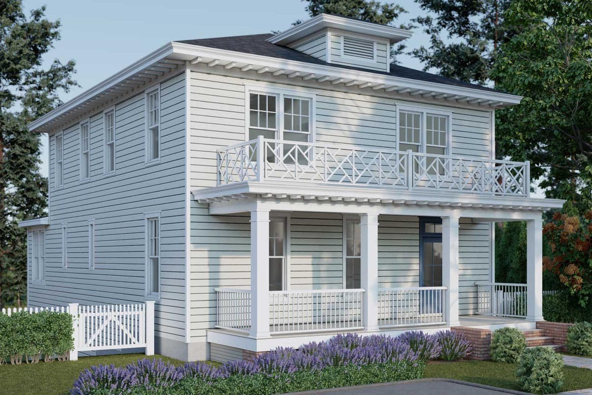Two-story house plan exterior with horizontal siding, a covered front porch with turned posts, and a second-story balcony with decorative railing.