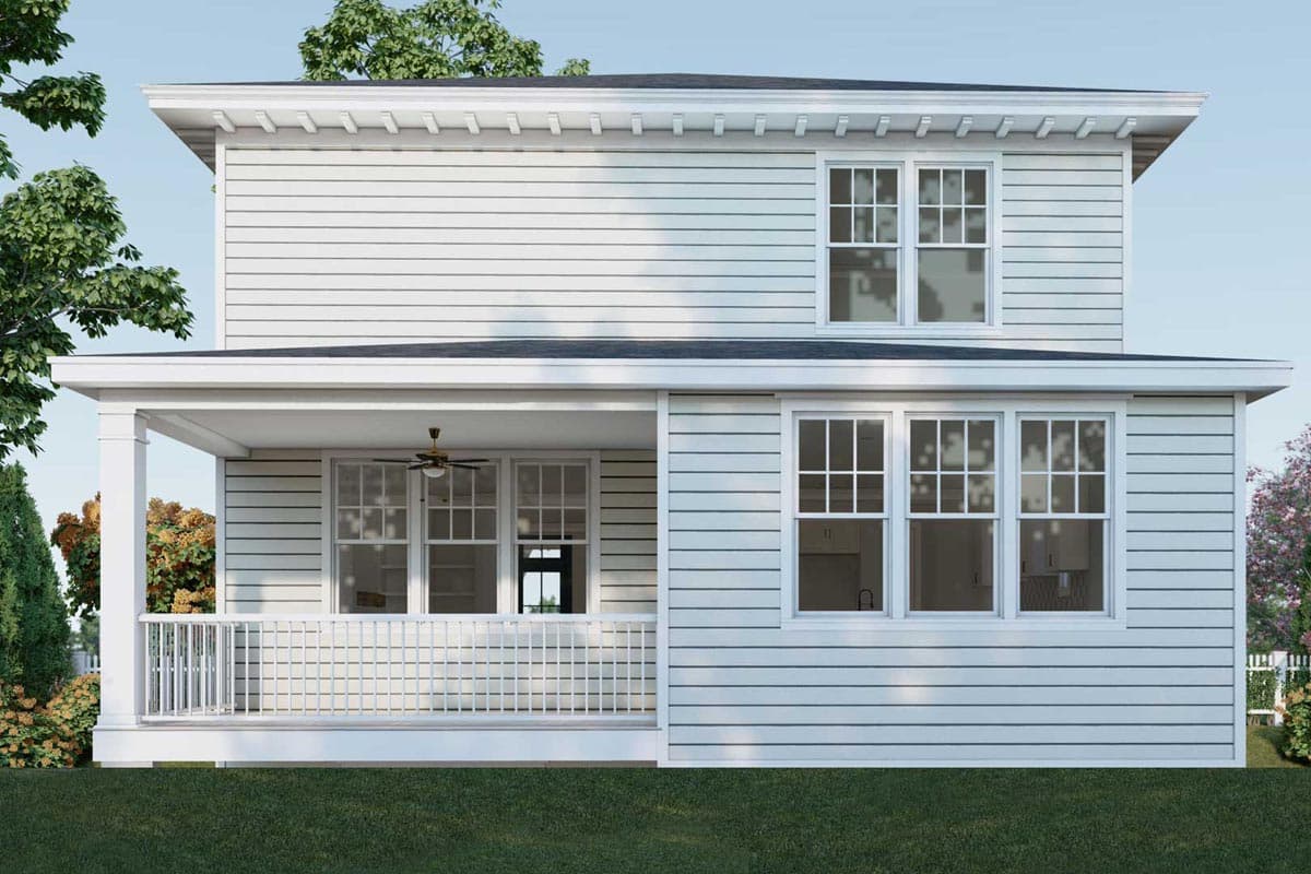 House plan exterior: Two-story modern home with a covered front porch, white siding, and multiple grid windows.