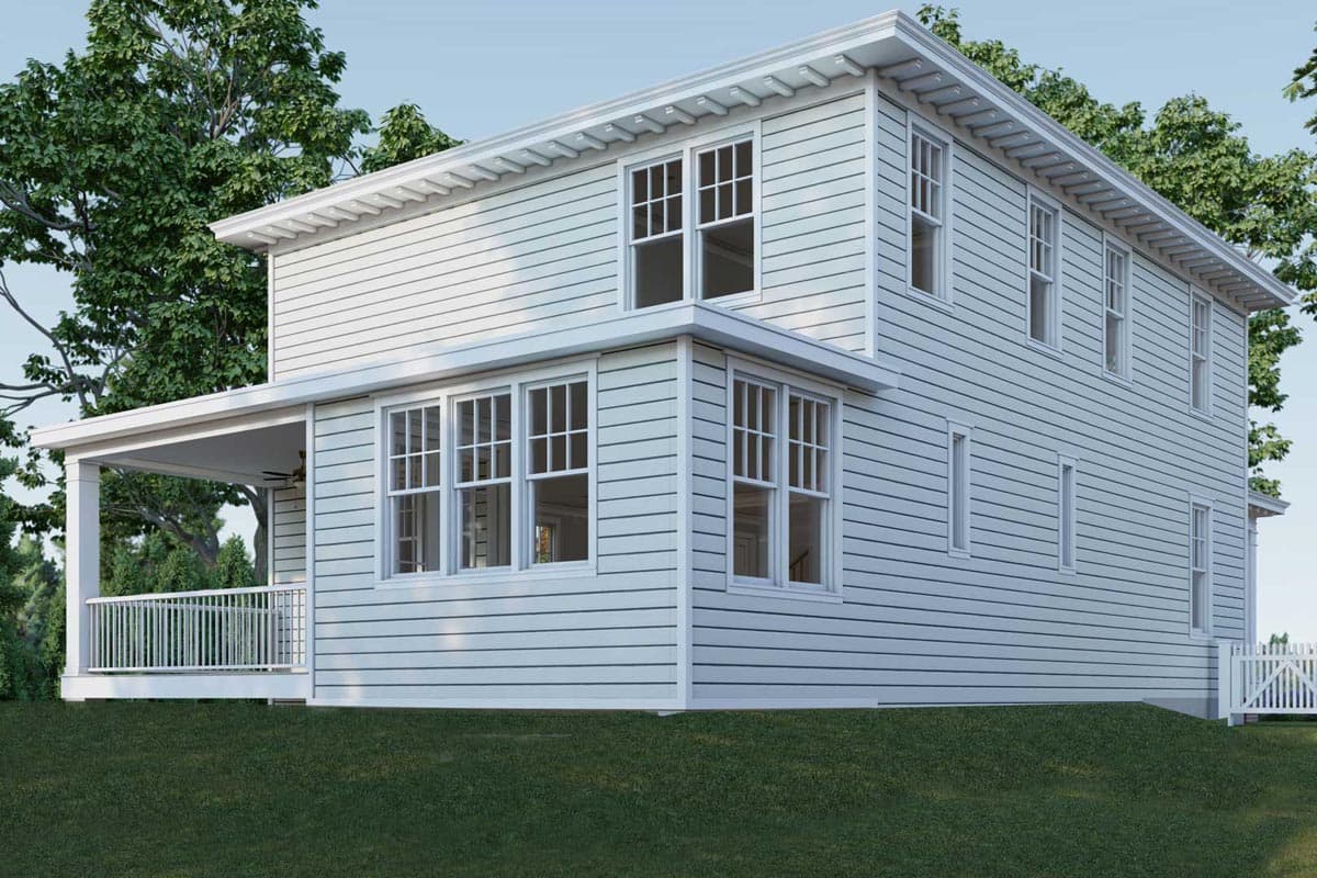 House plan exterior: Two-story Modern Farmhouse with a covered porch, lap siding, and double-hung windows.