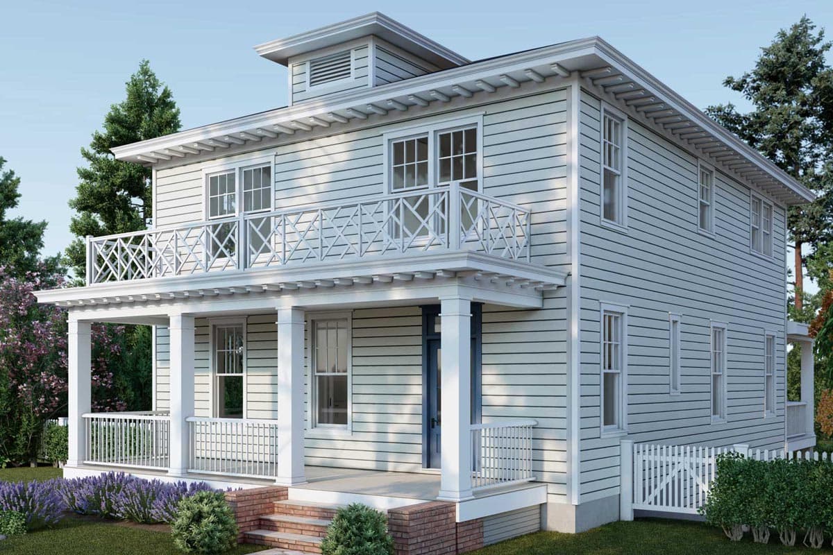 House plan exterior. Two-story home with porch, second-floor balcony, and decorative rafter tails. Horizontal siding and a cupola are visible.