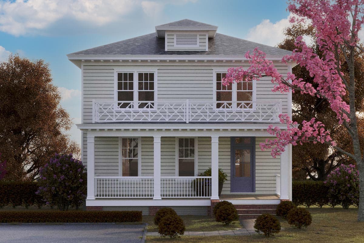 House plan exterior: two-story home with a full front porch, second-story balcony with decorative railing, and a dormer.