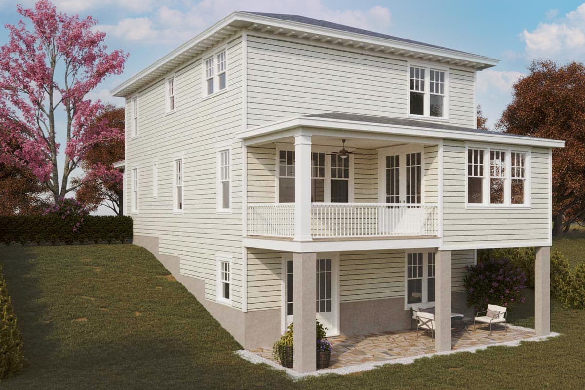 Two-story house plan exterior with horizontal siding, a covered balcony, and a raised foundation patio.