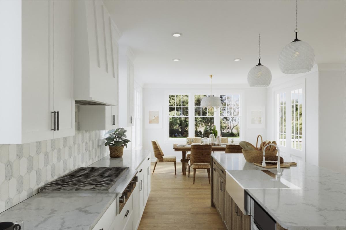 Rendered kitchen with white cabinetry, marble countertops, gas range, farmhouse sink, and adjacent dining area.