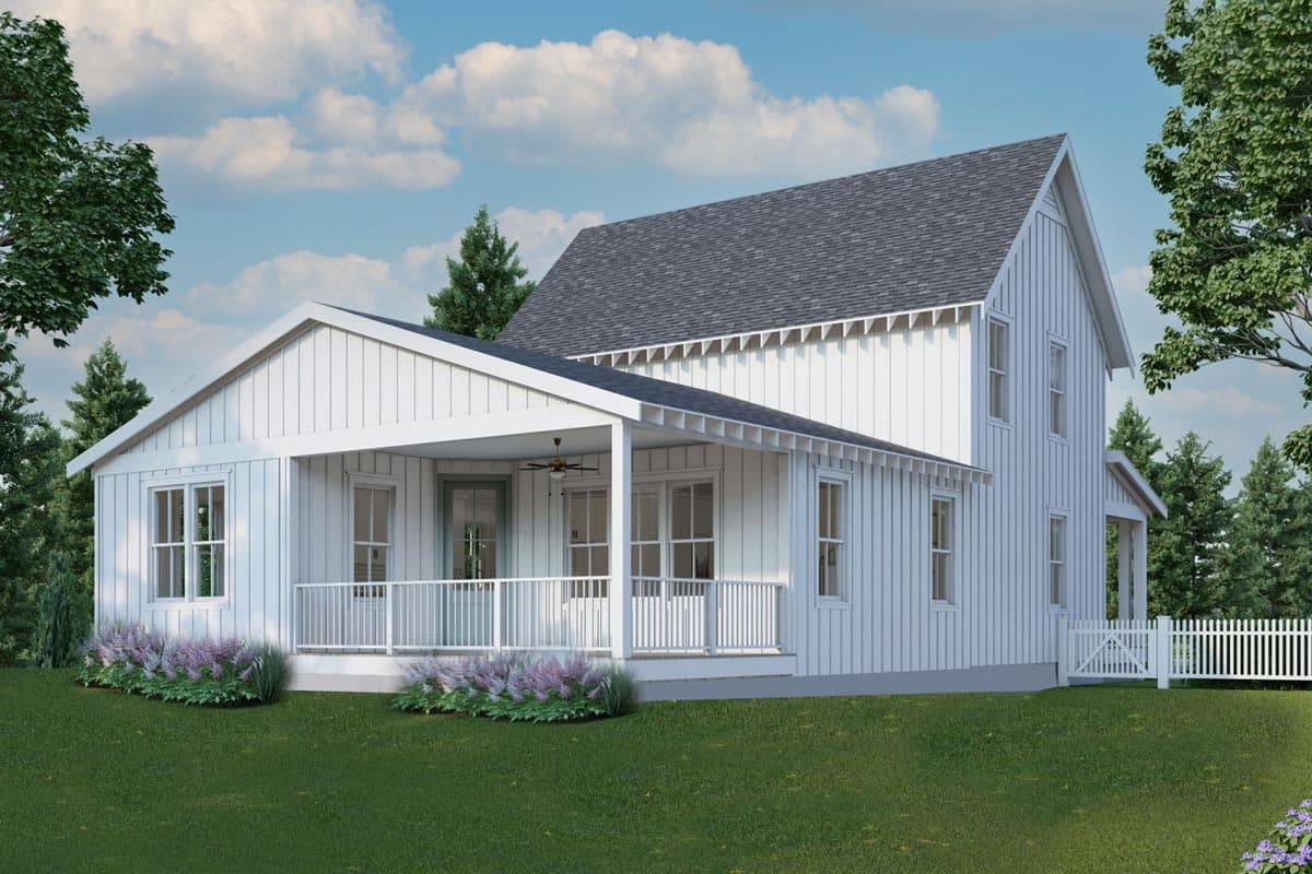 House plan exterior of a two-story Modern Farmhouse with a wrap-around porch, board and batten siding, and multiple gables.