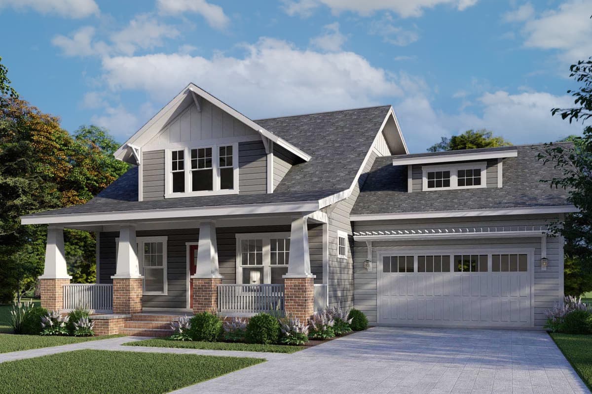 House plan exterior. Two-story Craftsman home with a front porch supported by columns. Features include gabled roof, dormers, and an attached garage.