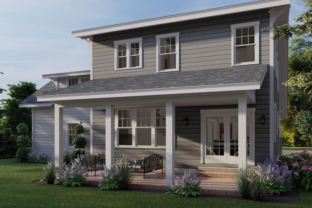 House plan exterior: Two-story Modern Farmhouse with covered porch, multiple gables, and double front doors.