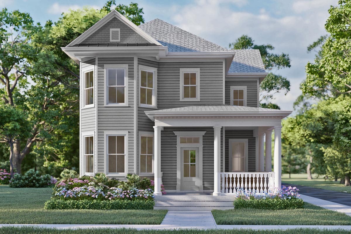House plan exterior. Two-story Victorian with a front porch, bay windows, gabled roof, and decorative trim details.