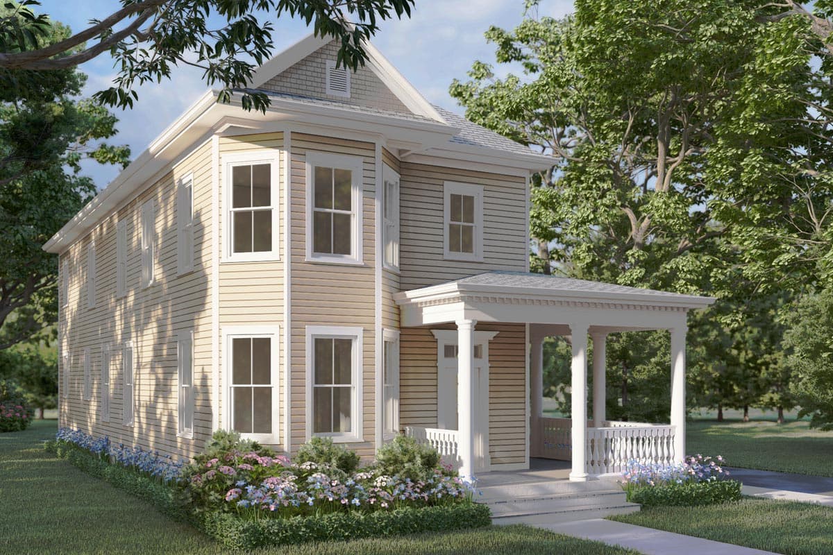 Two-story house plan exterior with clapboard siding, prominent gabled dormer, and covered front porch with turned balusters and columns.
