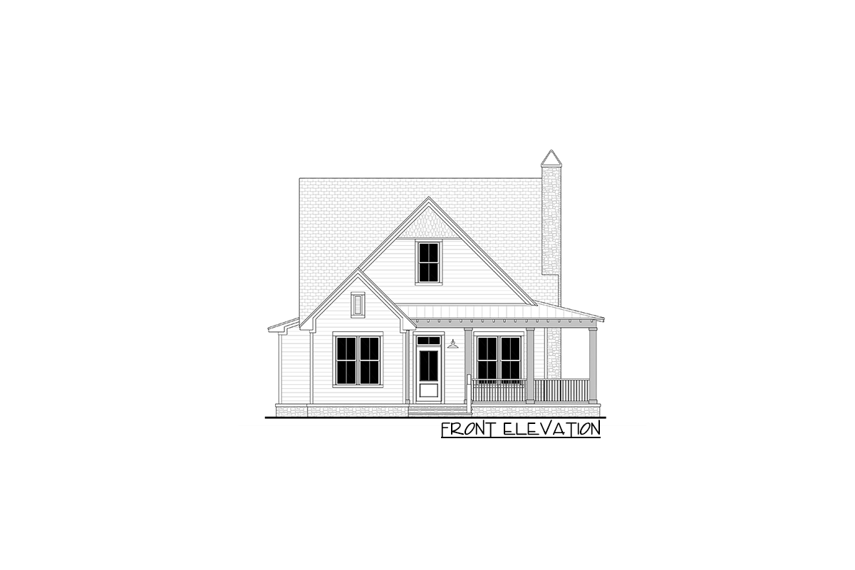 Front elevation drawing of a two-story house plan with a gabled roof, porch, and chimney.