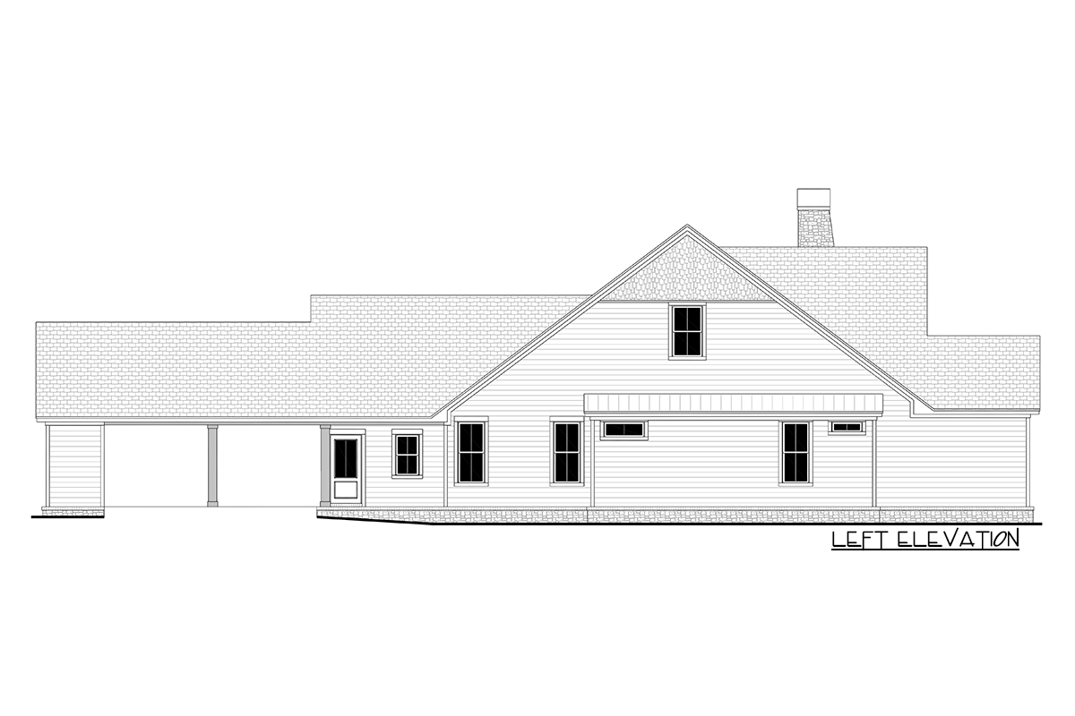 Left elevation house plan showing a 1.5-story house with a detached garage, gabled dormer, and stone chimney.