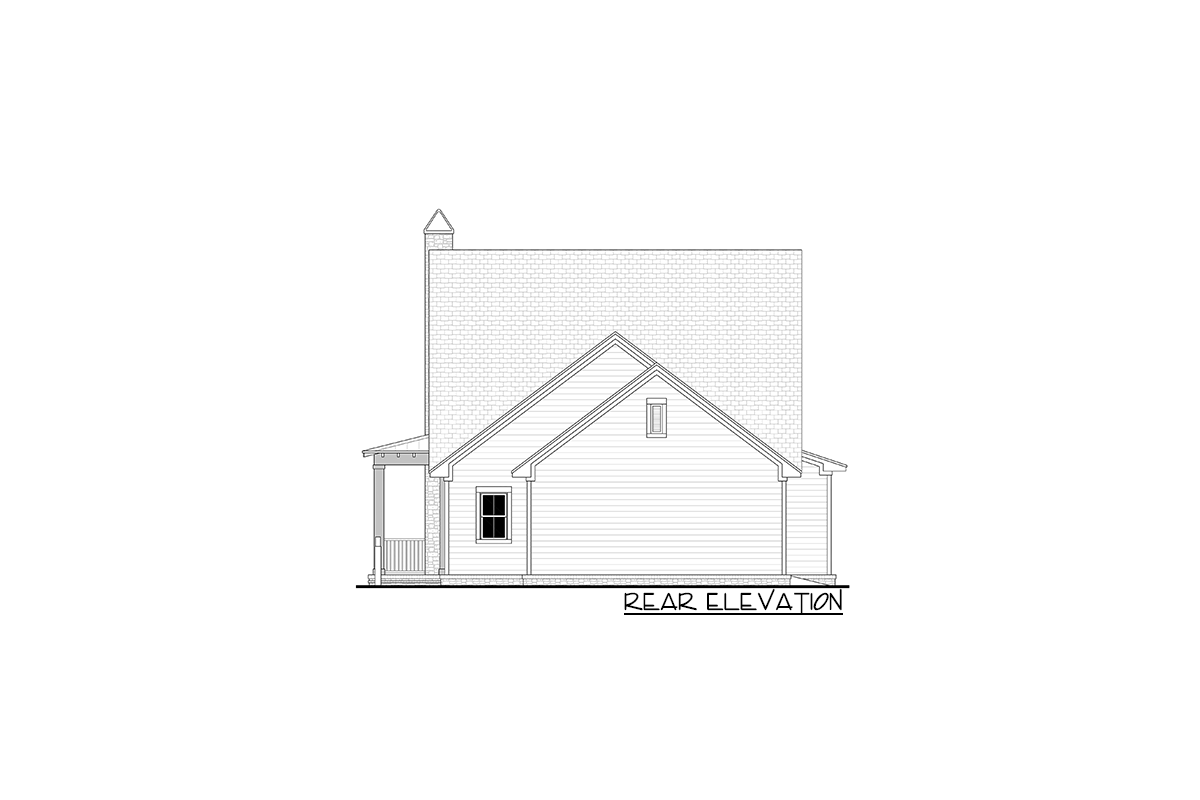 Rear elevation drawing of a house plan with a pitched roof, gable dormer, chimney, and covered porch.