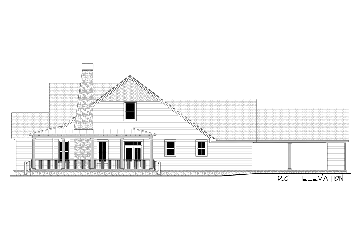 House plan right elevation: wraparound porch, stone chimney, gabled dormer, and attached garage.