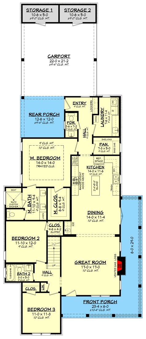 Plan 51883HZ: Under 40'-wide Modern Farmhouse Plan with Rear Carport - Floor Plan - Main Level - Cottage, Country, Farmhouse, Modern Farmhouse, Rustic, Traditional