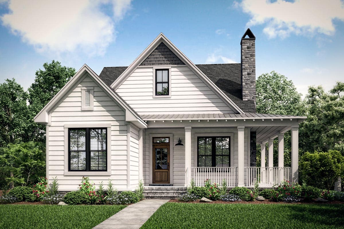 House plan exterior. Craftsman-style home with gabled roof, stone chimney, and covered front porch with columns and a railing.