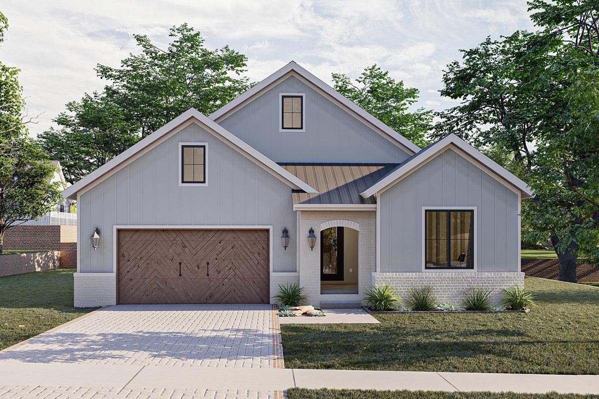 House plan exterior. Modern farmhouse style with gabled roof, dormer, and attached garage. Entry has an arched portico.