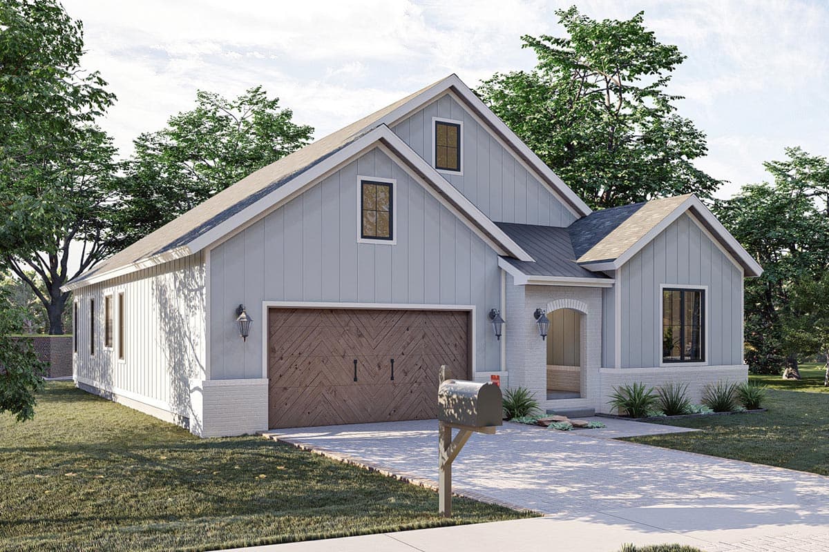 Modern Farmhouse house plan exterior with gable roof, board and batten siding, brick base, and wood garage door.