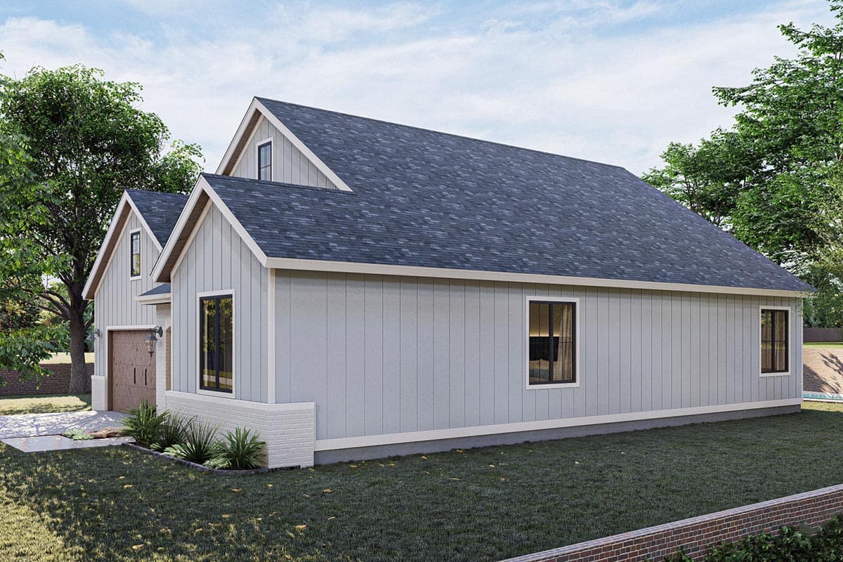 House plan exterior of a two-story Modern Farmhouse with a prominent gable, dormer, and side-entry garage.