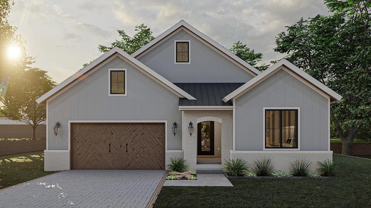 House plan exterior: Modern Farmhouse style, one story, with gabled rooflines, board-and-batten siding, brick accents, and a distinctive garage door.