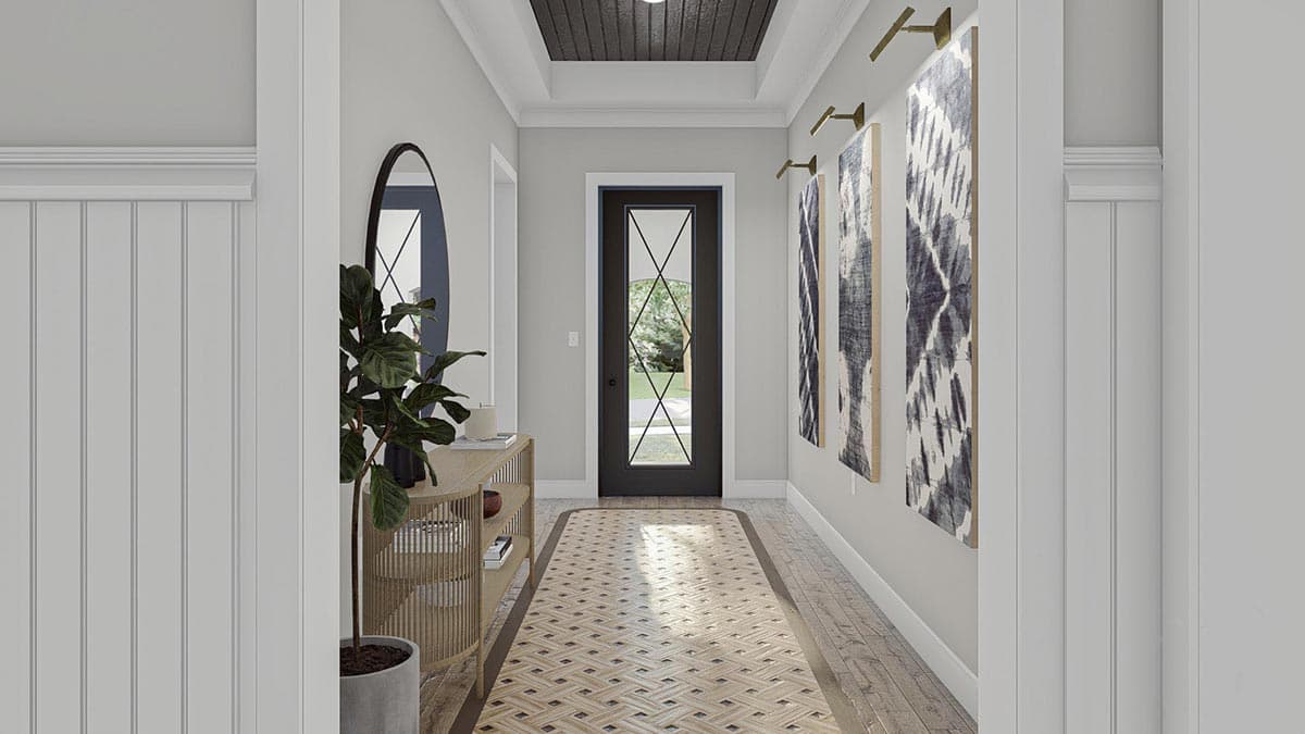 Interior rendering of a hallway with wainscoting, patterned floor tile, and a door with diamond-shaped glass.