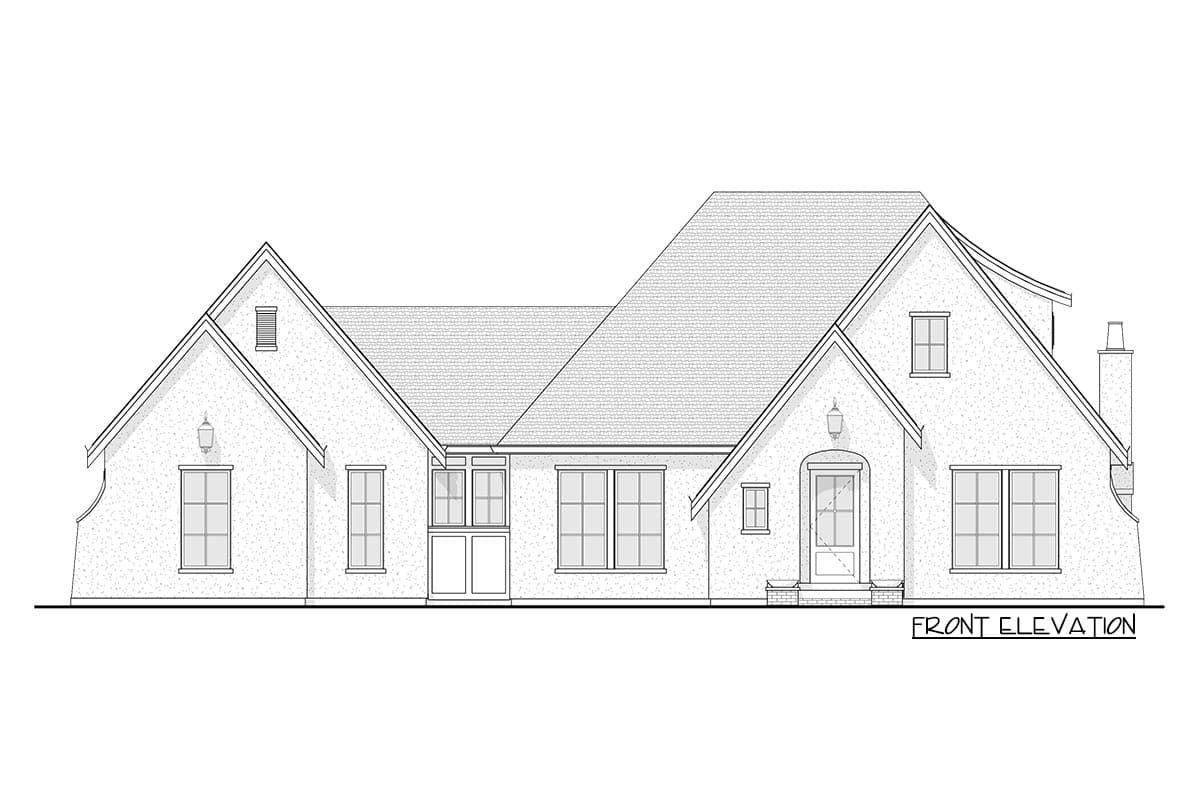 Front elevation house plan with gables, a hip roof, arched entryway, and multiple windows.