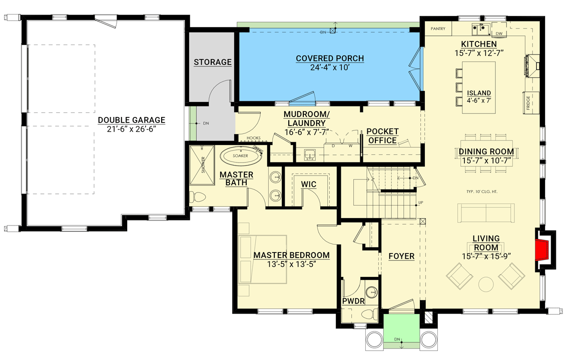 Plan 270049AF: Transitional Cottage House Plan with Main Floor Master and Two Upstairs Bedrooms - Floor Plan - Main Level - European, Transitional