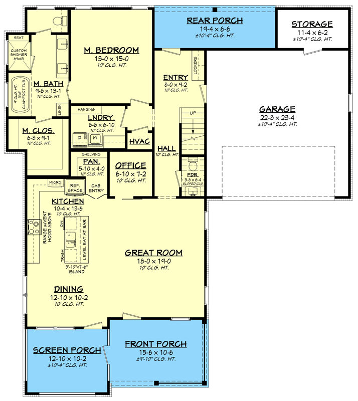 Plan 51884HZ: 2-Story Country Farmhouse with Large Upstairs Play Room - Floor Plan - Main Level - Colonial, Farmhouse, Low Country, Modern Farmhouse, Southern, Southern Traditional