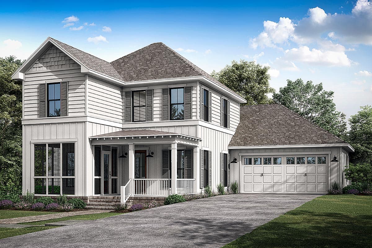 House plan exterior: Modern Farmhouse style, two stories, with a covered front porch, multiple gables, and a side-entry garage.