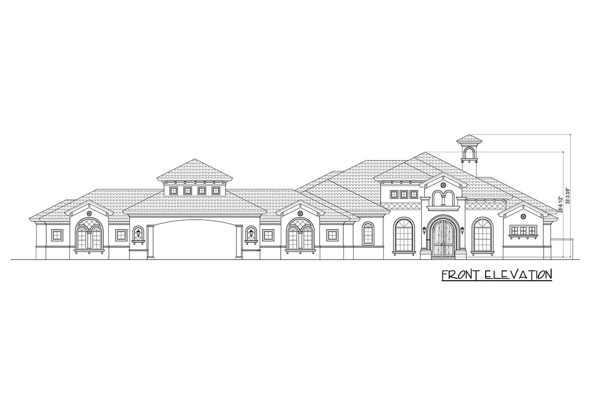 Front elevation drawing of a large house with a central arched entryway, porte-cochère, and tile roof.