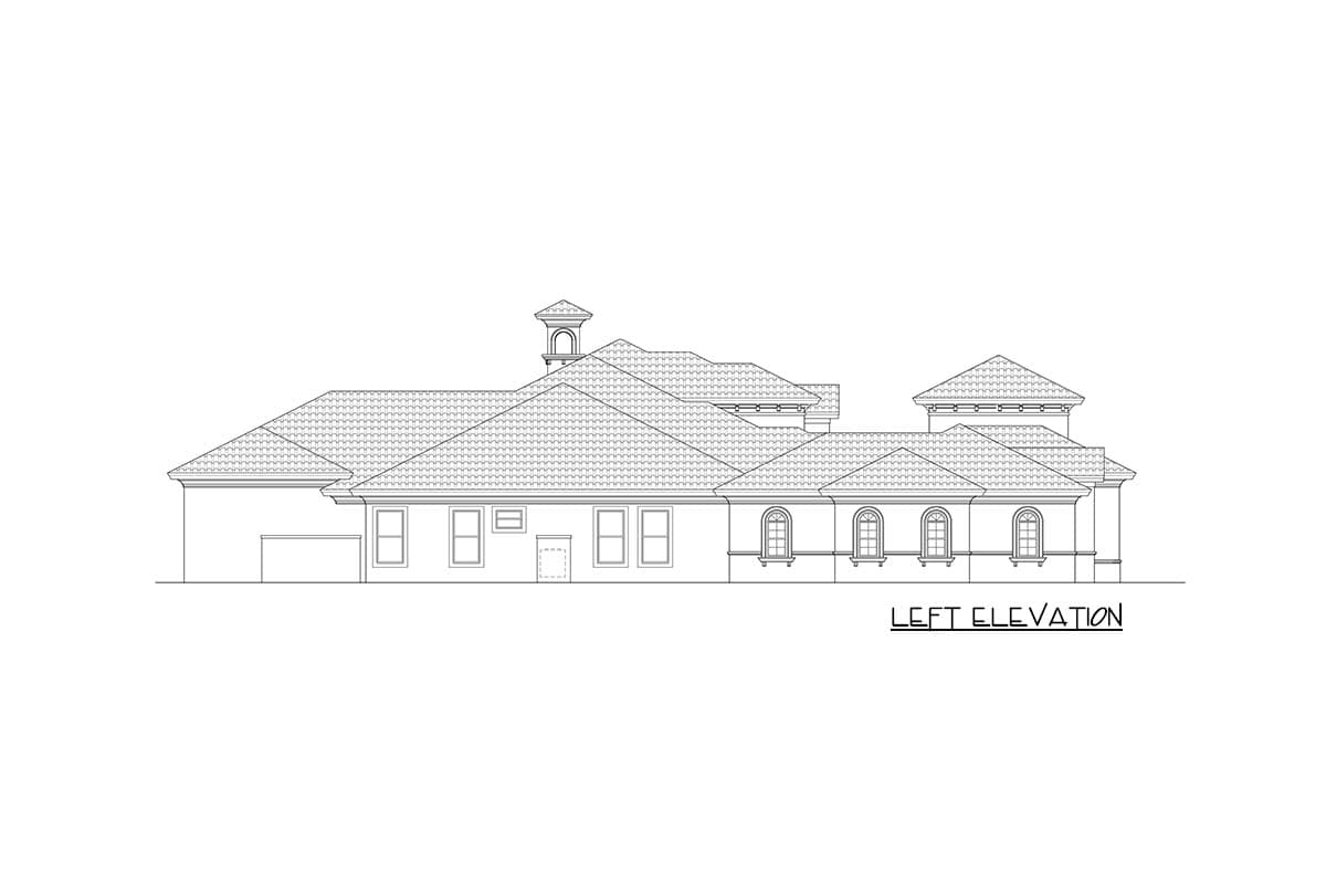 Left elevation house plan drawing showing multiple gables, arched windows, and a cupola.