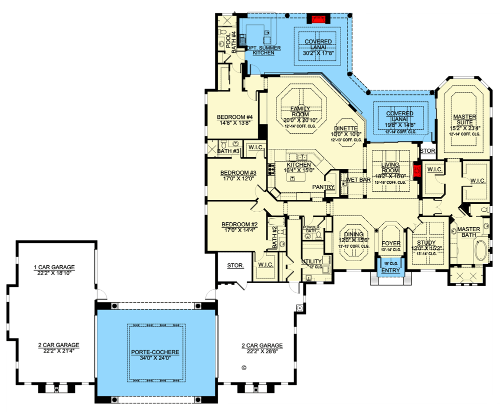 Plan 65752BS: Mediterranean-style Florida Home Plan with Porte-Cochere and Parking for 5 Cars - Floor Plan - Main Level