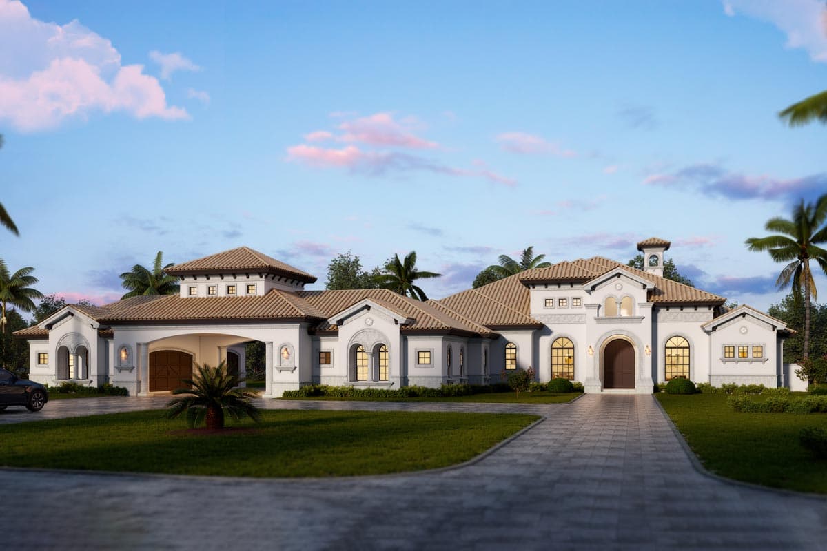 House plan exterior. Mediterranean-style home with multiple rooflines, arched entry, garage portico, and tower element. One story.