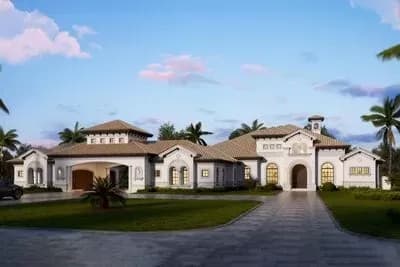 Mediterranean-style Florida Home Plan with Porte-Cochere and Parking for 5 Cars