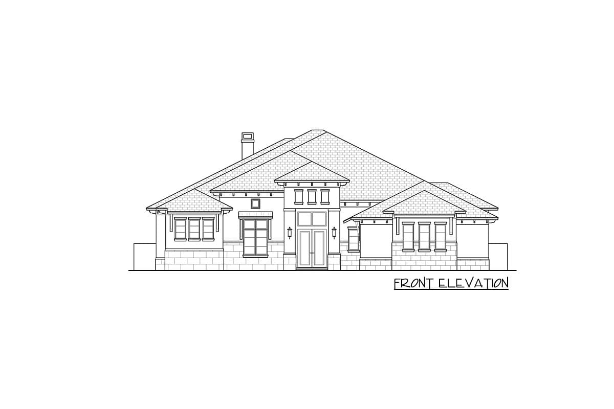 Front elevation drawing of a single-story house with a prominent hip roof, central double doors, and multiple window groups.