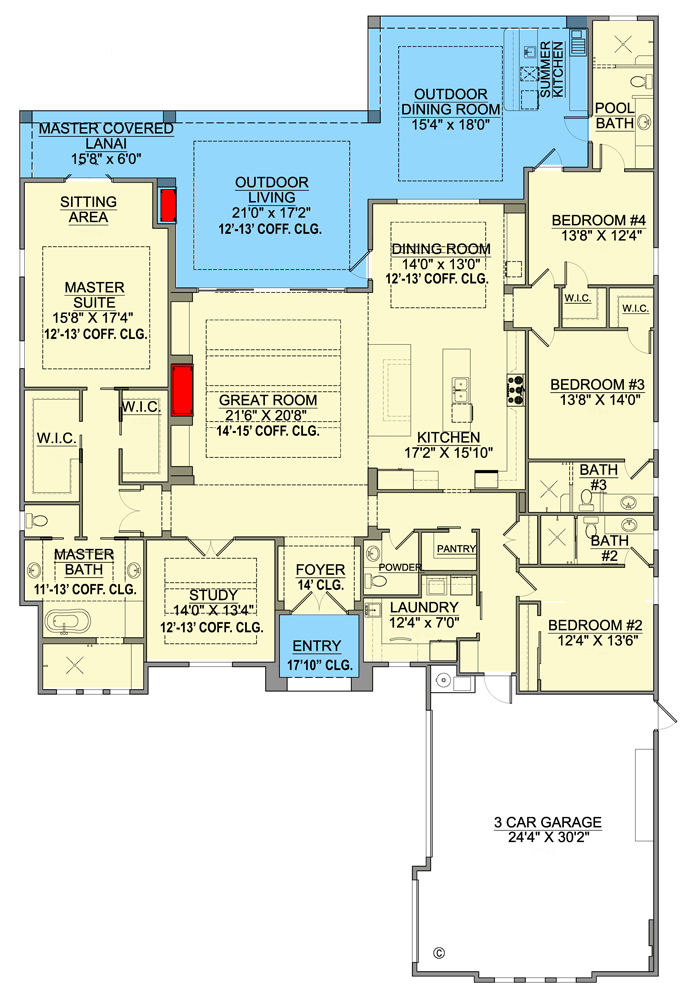 Plan 65754BS: Modern Mediterranean House Plan with Covered Lanai - Floor Plan - Main Level - Coastal, Florida-Style, Southern, Transitional