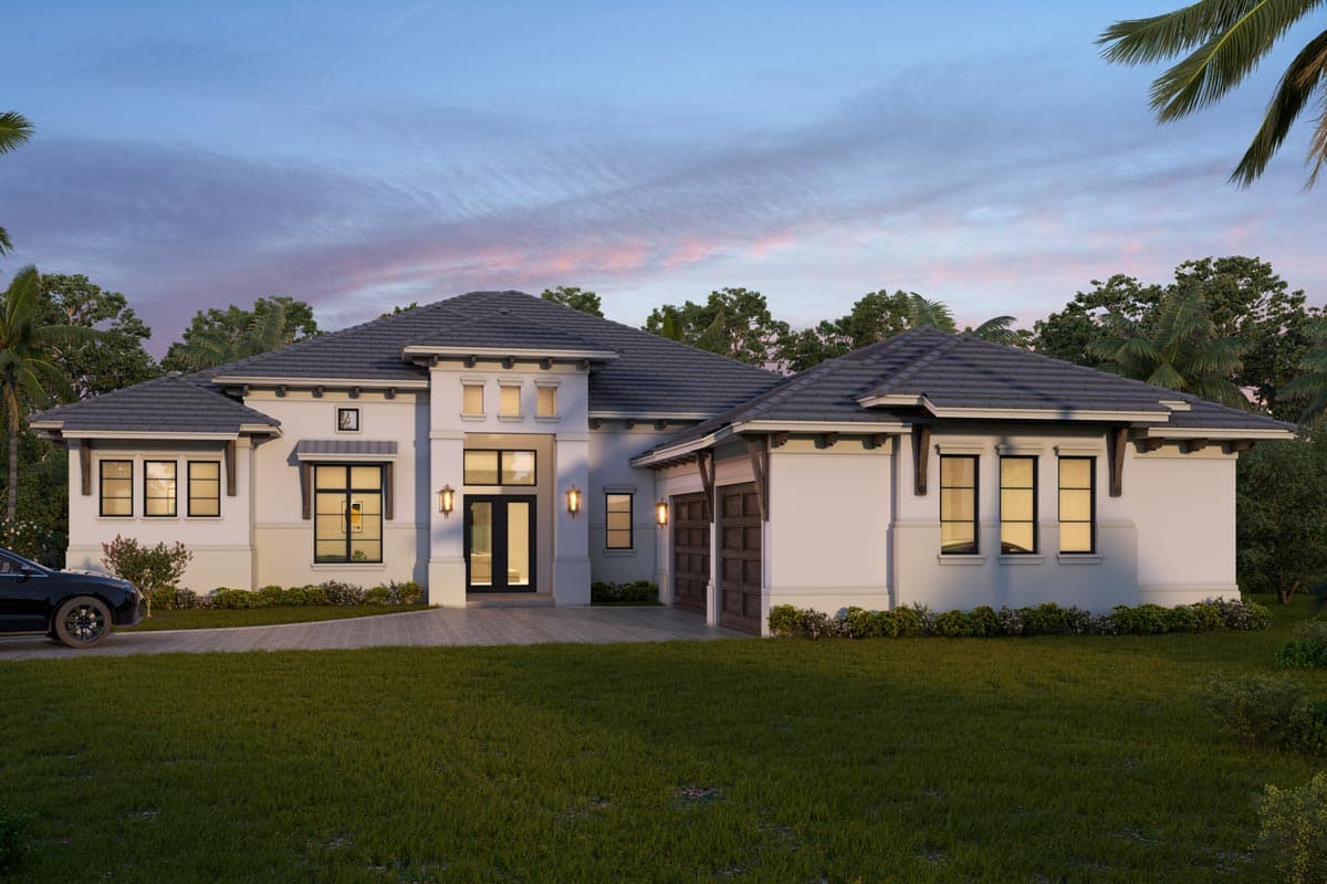 House plan exterior. One-story house with a hip roof, multi-pane windows, and a two-car garage. Features include a portico and detailed entry.