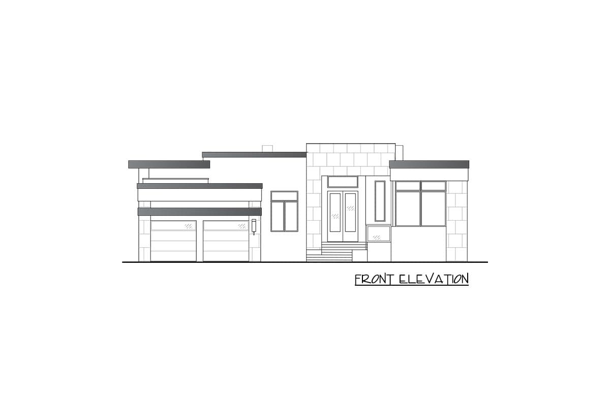 Front elevation drawing of a modern house plan with two-car garage, double entry doors, and multi-level rooflines.