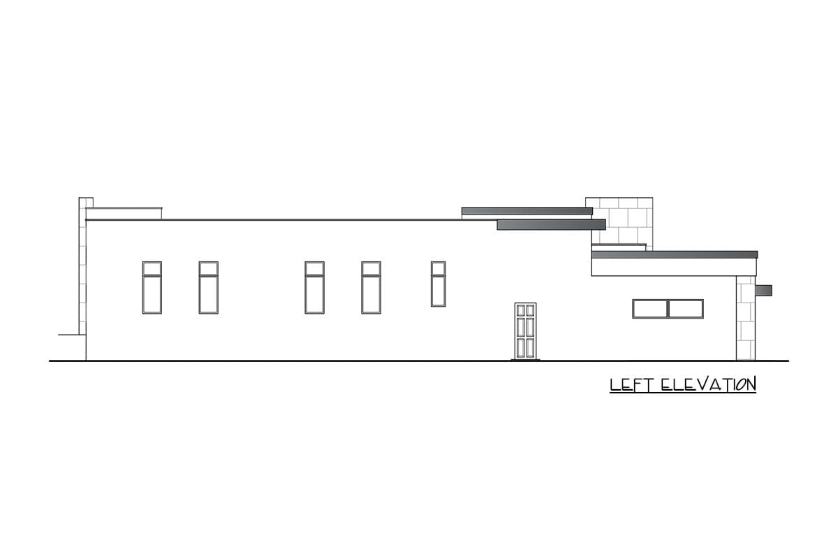 Left elevation drawing of a single-story house plan with multiple windows and a double door.