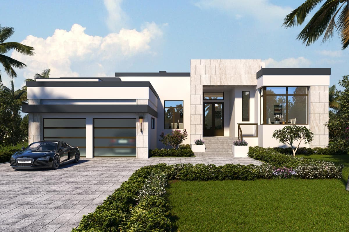 House plan exterior. Modern style with a two-car garage, flat roof, and stone facade around the entry. Large windows and a paved driveway are visible.