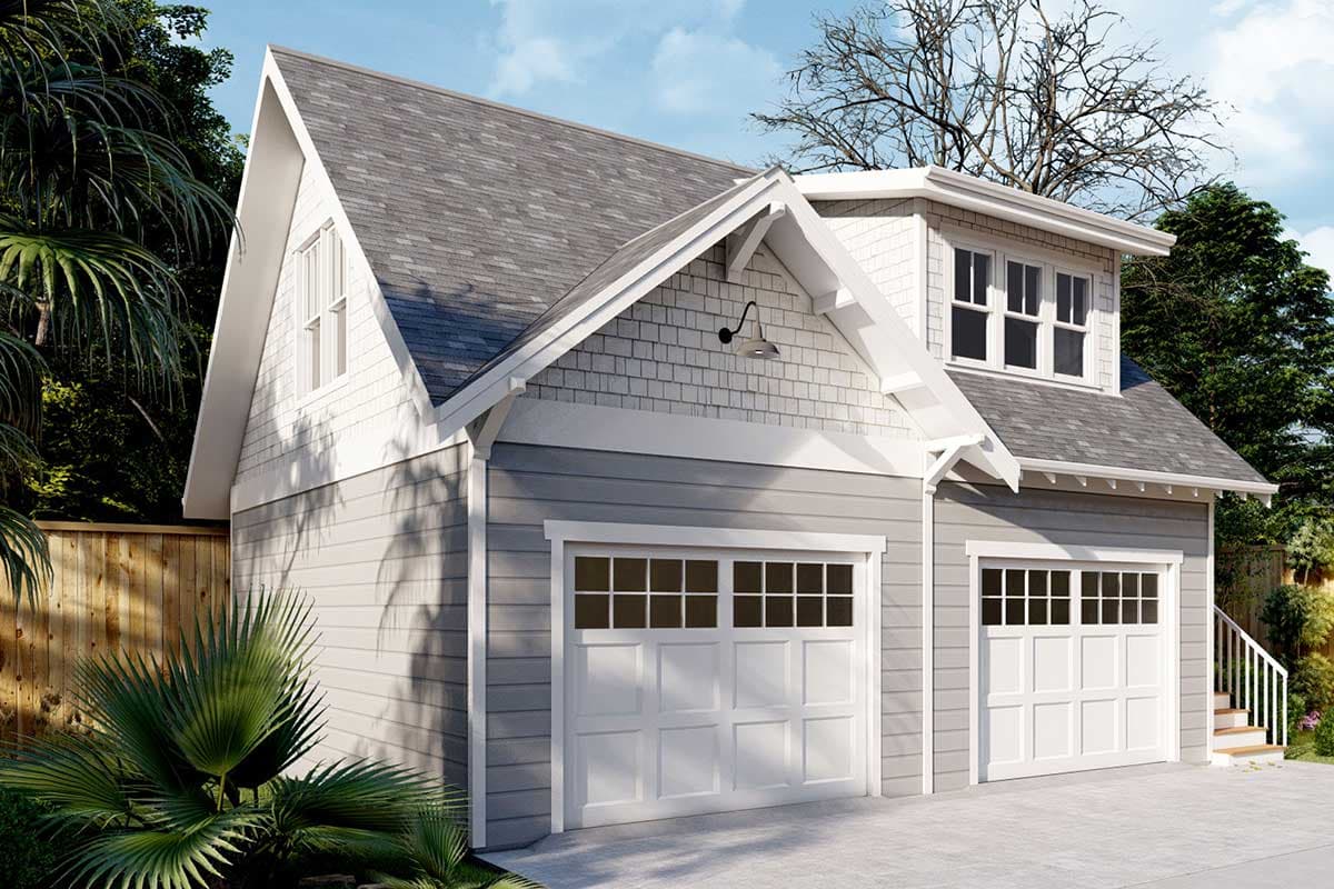 House plan exterior with gable roof, dormer window, and two garage bays with paneled doors.