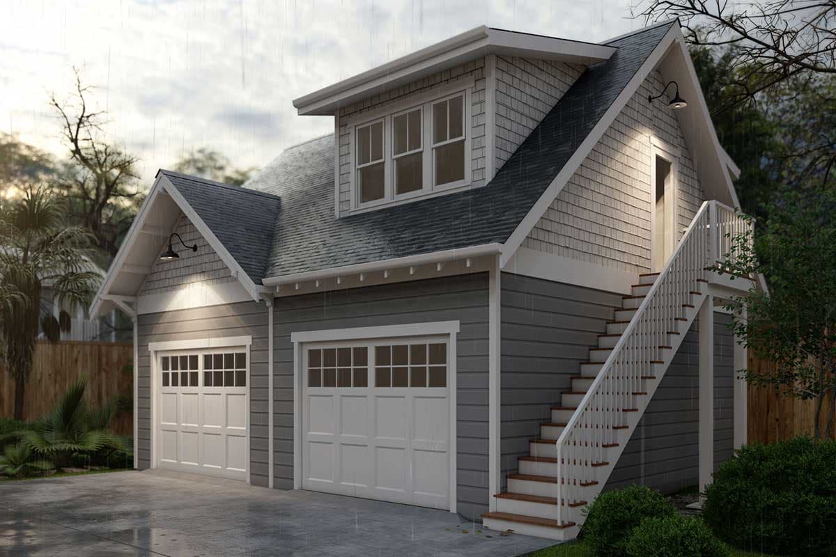 House plan exterior: Two-car garage with gable dormer, shingle siding, and external stairs to upper level.