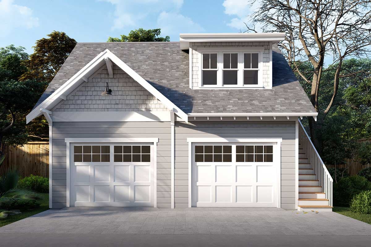 House plan exterior. Two-story garage with Craftsman details. Features include gabled roof, dormer window, and paneled garage doors.