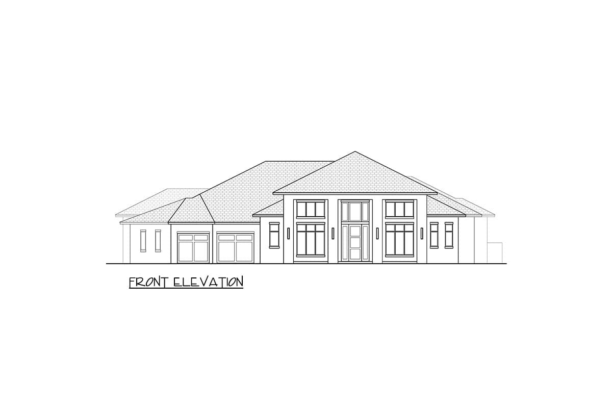Front elevation drawing of a one-story house plan with a three-car garage, prominent entryway, and large windows.