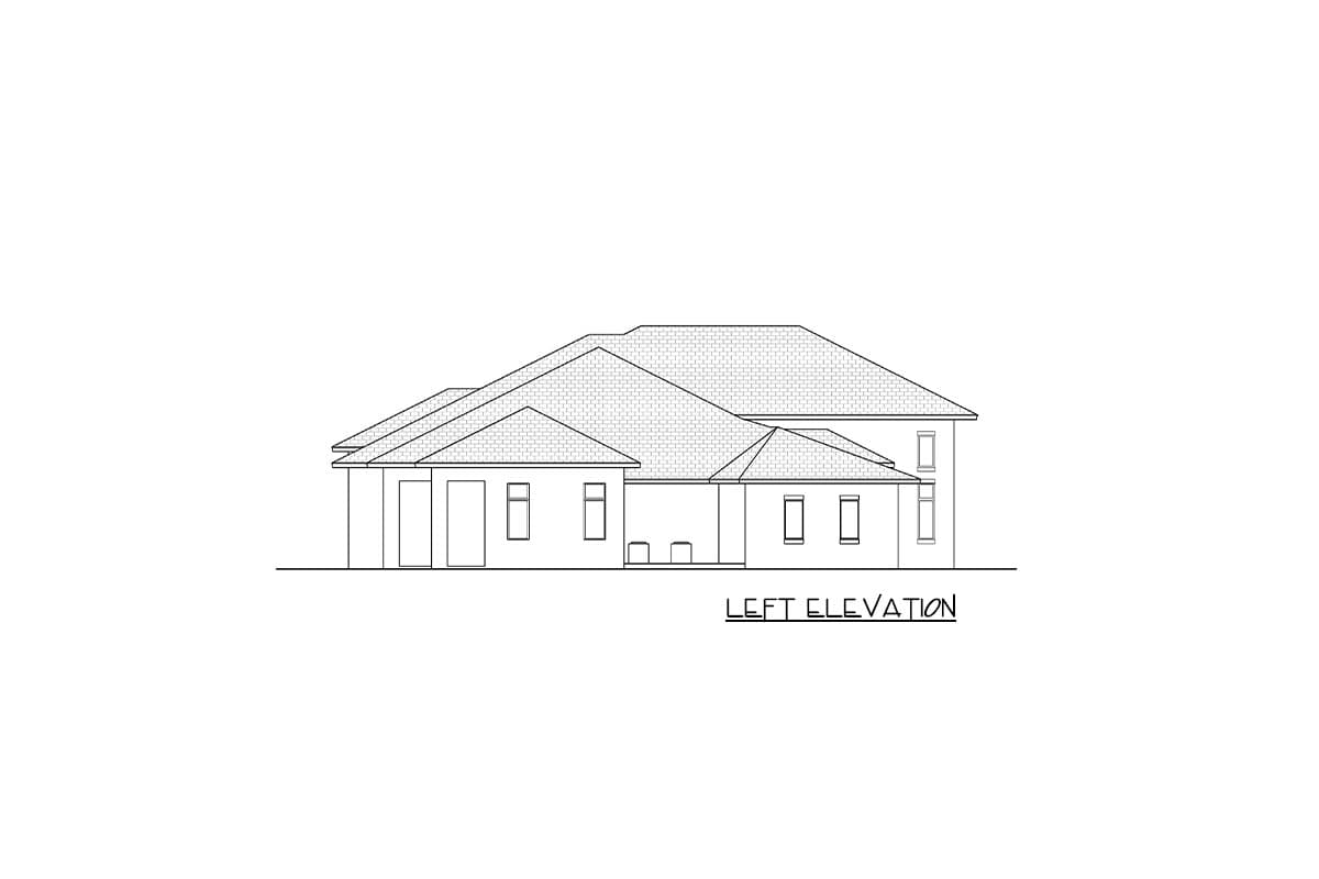 Left elevation drawing of a house plan with multiple rooflines, a garage, and several windows.