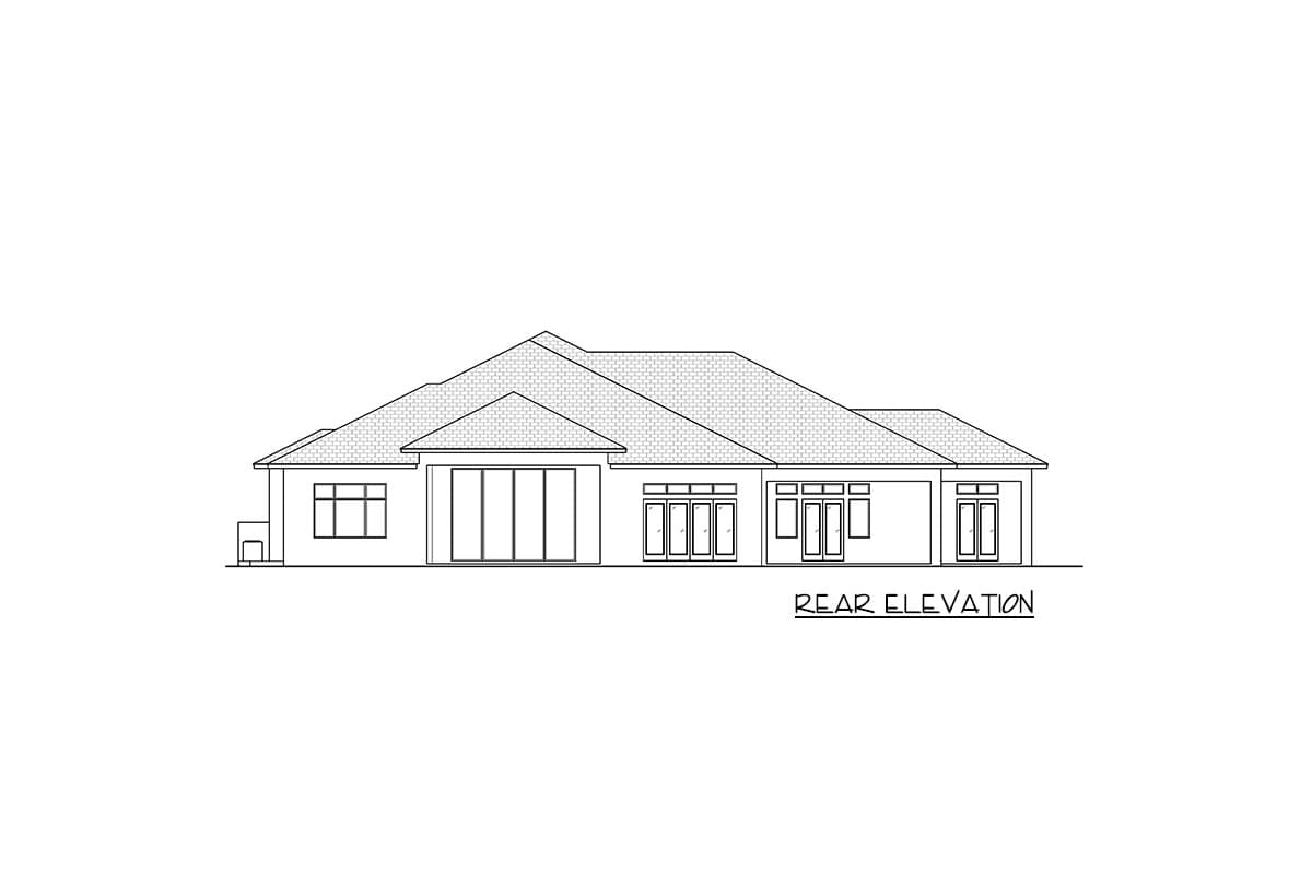 Rear elevation drawing of a single-story house with a hipped roof, multiple windows, and glass doors.