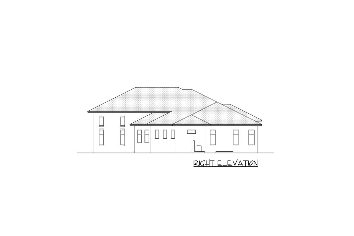 Right elevation house plan drawing showing multiple roof lines and numerous windows.