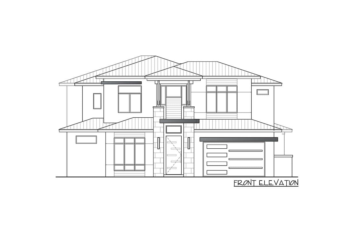 Front elevation drawing of a two-story house with multiple gables, a covered entryway, and an attached two-car garage.