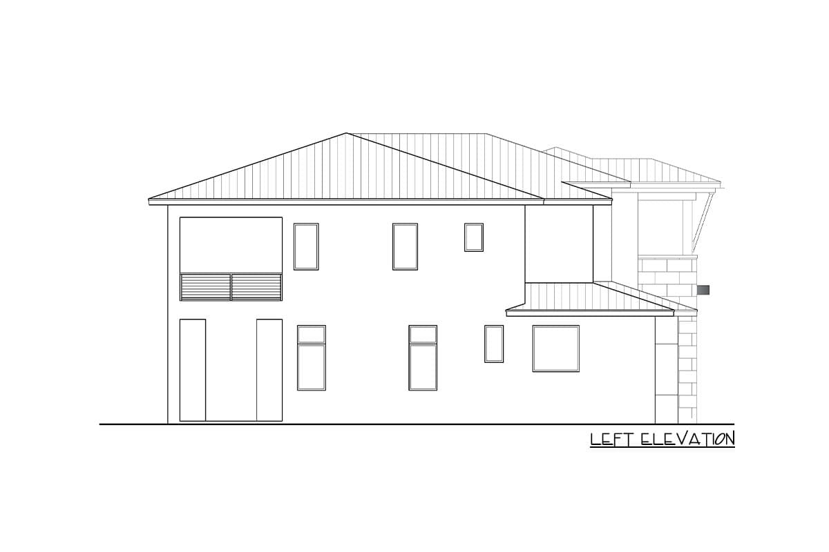 Left elevation house plan for a two-story residence with a balcony, varied window sizes, and a pitched roof.