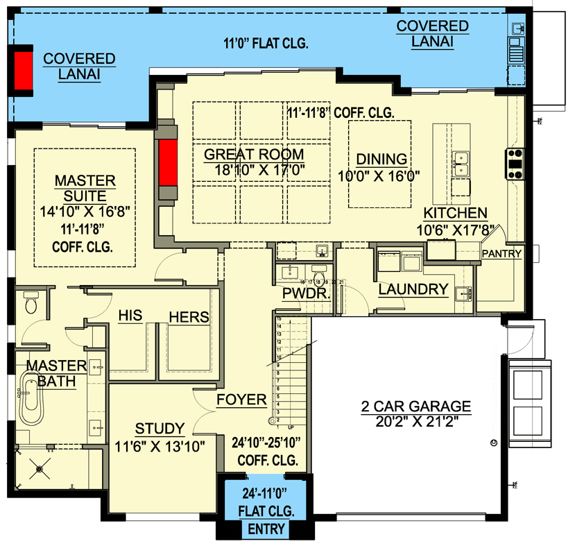 Plan 65757BS: Contemporary Coastal Home Plan with Rear Lanai and Main Floor Master - Floor Plan - Main Level - Coastal, Contemporary, European, Florida-Style, Modern, Transitional