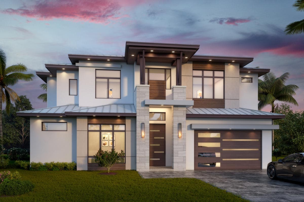 House plan exterior. Two-story modern house with a flat roof, horizontal garage door, and a covered entry with stone accents.