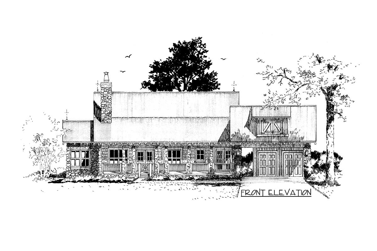 Front elevation house plan. Stone and wood exterior, wraparound porch, gambrel dormer, and a three-car garage.